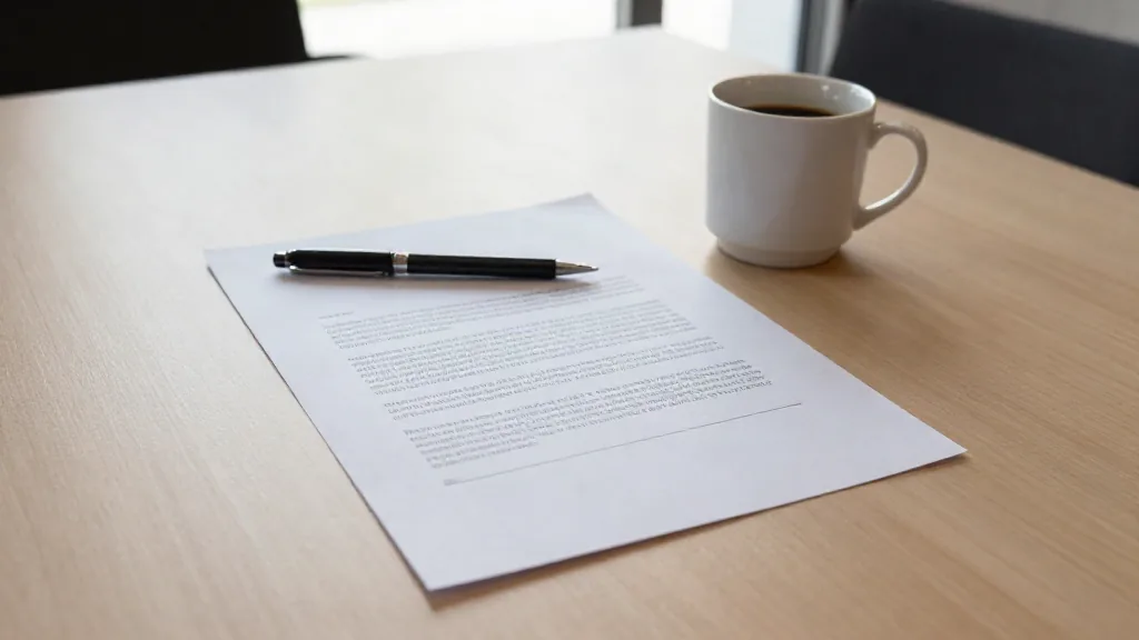 Mesa de reunión con un contrato impreso, un bolígrafo y un café
