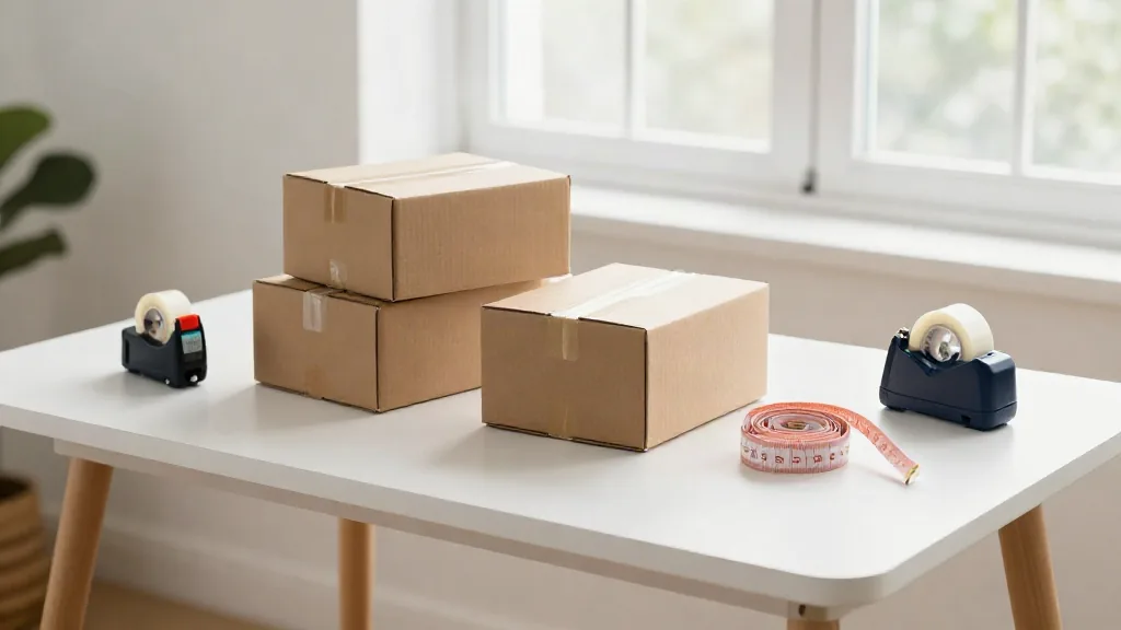 Mesa de embalaje de una tienda online con cajas, cinta y un metro