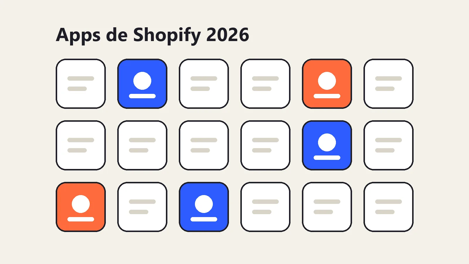 Rejilla de iconos de apps de Shopify, algunas destacadas en azul y naranja